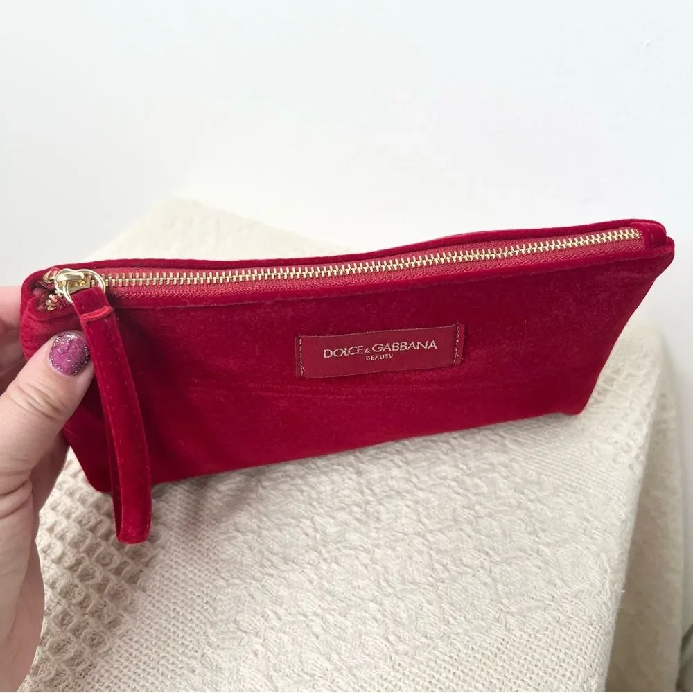 Dolce & Gabbana Beauty Red Velour Cosmetic Zip Pouch Bag Clutch